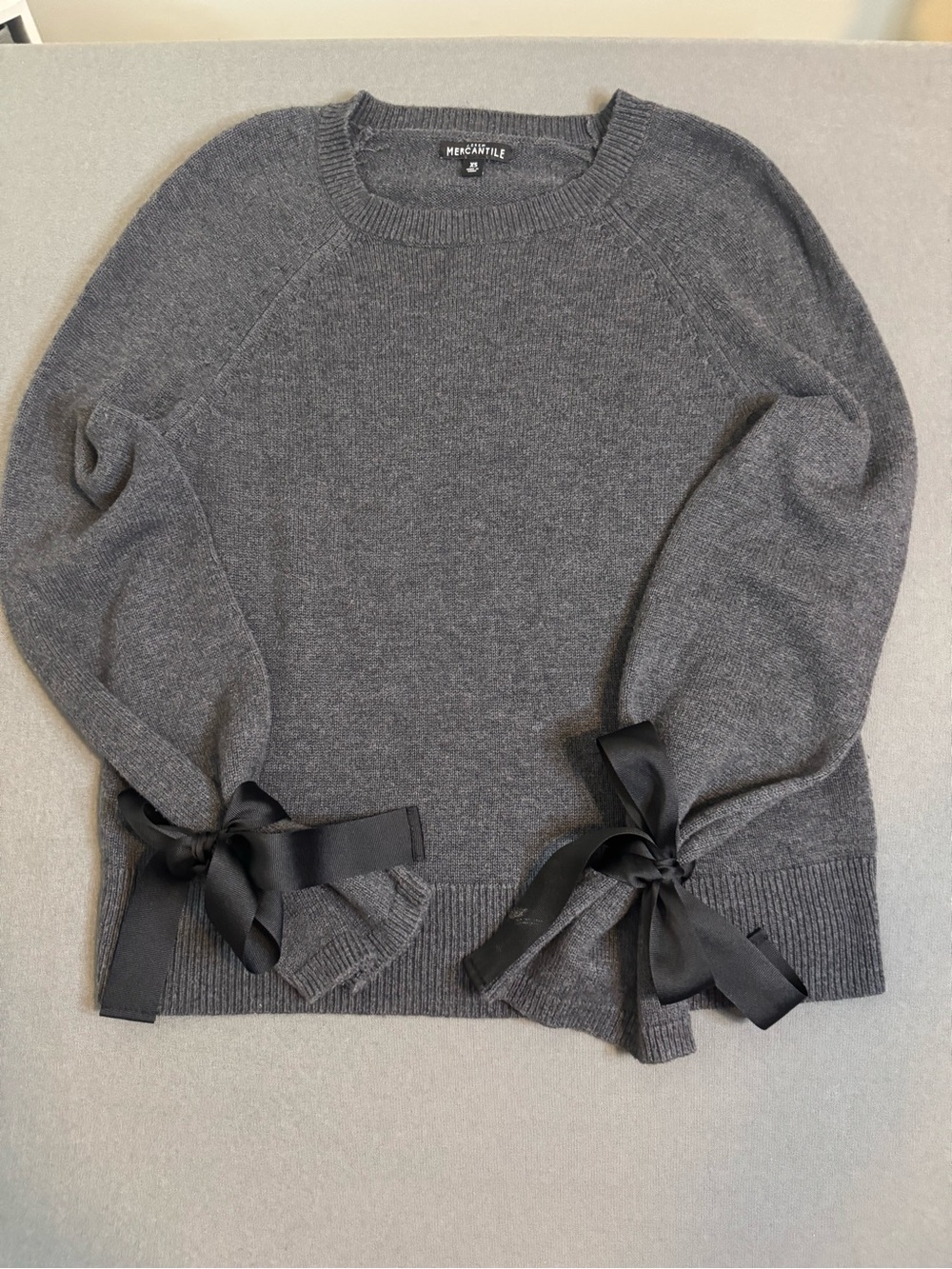 .Crew Mercantile Women's Sweater | Gray | Black Ribbon Tie Sleeve Detail | XS